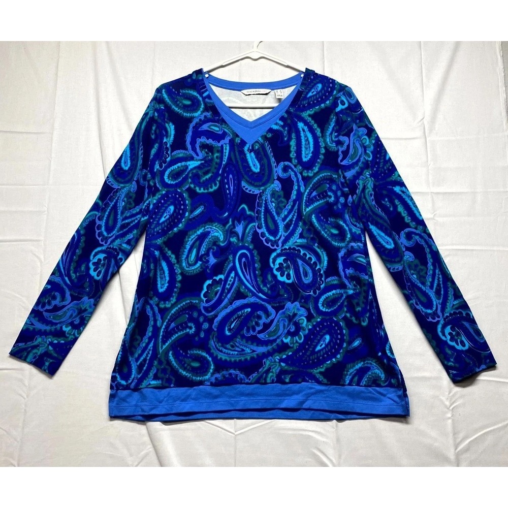 Isaac Mizrahi Live Tunic Top Womens XS Blue Paisley Print Long Sleeve V Neck